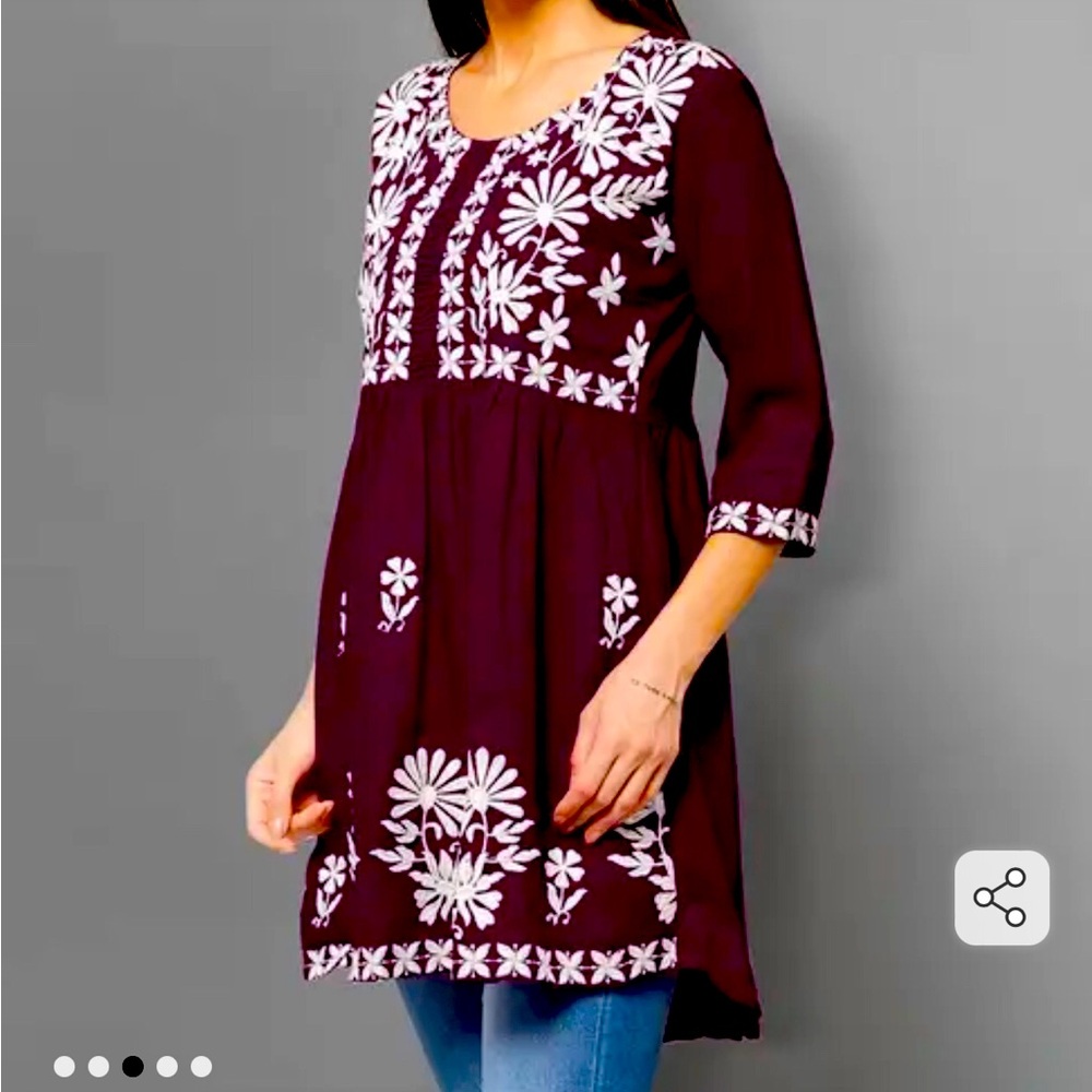 Winza Embroidered Maroon Blouse with White Floral Detail Top M